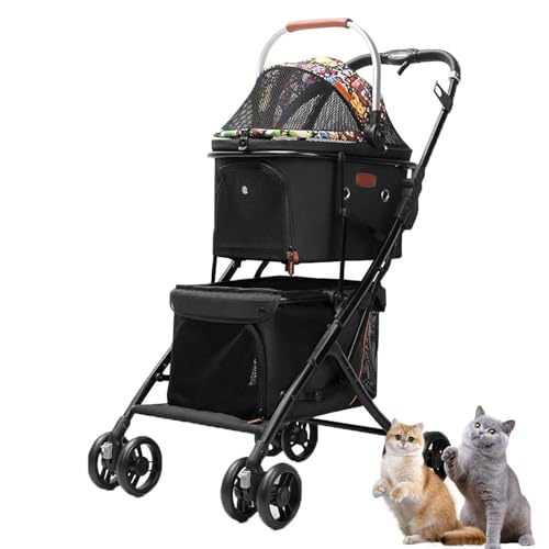 PJDDP Mehrzweck-Doppelkinderwagen Für Katzen, Hundetransporter Mit Rädern, Hundebuggy Mit Klappfunktion, Haustierwagen Katzenbuggy Für 2 Kleine Hunde, Katzen, Welpen,Schwarz von PJDDP