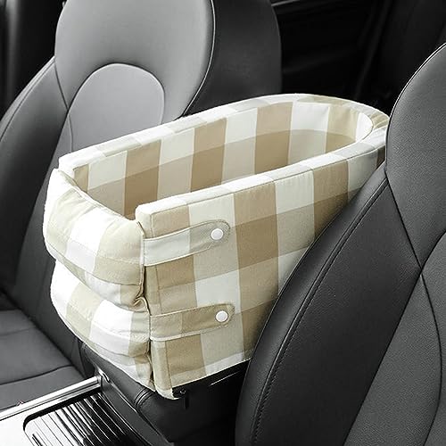 PJDDP Mittelkonsolen-Hundeautositz für Hunde und Katzen, waschbarer und Abnehmbarer Haustier-Armlehnen-Autositz mit Sicherheitsseil für Reisen, Ausgehen,Large Grid Coffee White von PJDDP