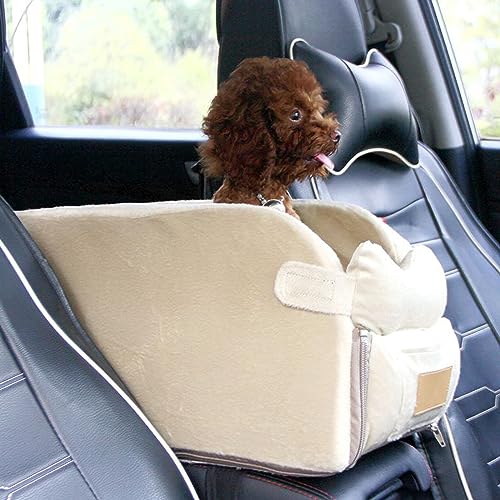 PJDDP Mittelkonsolen-Hundeautositz für Hunde und Katzen, waschbarer und Abnehmbarer Haustier-Autositz mit Armlehne und Sicherheitsseil für Reisen und Zuhause,Light Khaki von PJDDP