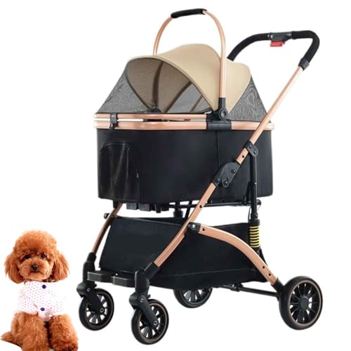 PJDDP Multifunktion Hundebuggy, Abnehmbar Hundewagen, Atmungsaktive Haustiere Buggy, Klappbar Haustierwagen, Für Kleine & Mittelgroße Haustiere Reisen,Khaki von PJDDP