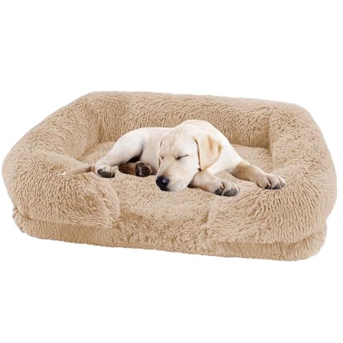 PJDDP Orthopädisches Hundebett, Hundesofa,Vierseitiges Nackenrolle Kissen,rutschfeste Unterseite Hundekorb,Flauschig Hundebett, Hundesofa Waschbar,Khaki,L von PJDDP