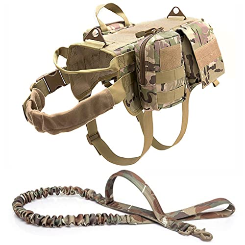 PJDDP Taktisches Hundegeschirr Mit Taschen Und Bungee-Hundeleine, Diensthundeweste Mit Rucksack Für Spaziergänge, Wandertraining, Arbeitshunde-MOLLE-Weste, Militär-Hundegeschirr,Cp,M von PJDDP