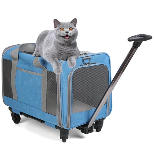 PJDDP Transportbox Für Tiere, Hundewagen Mit 4 Rädern, Haustier Trolley Für Kleine Und Mittelgroße Hunde Und Katzen Haustiere, Hundereisetasche Ideal Für Autoreisen Oder Ausflüge,Blau von PJDDP