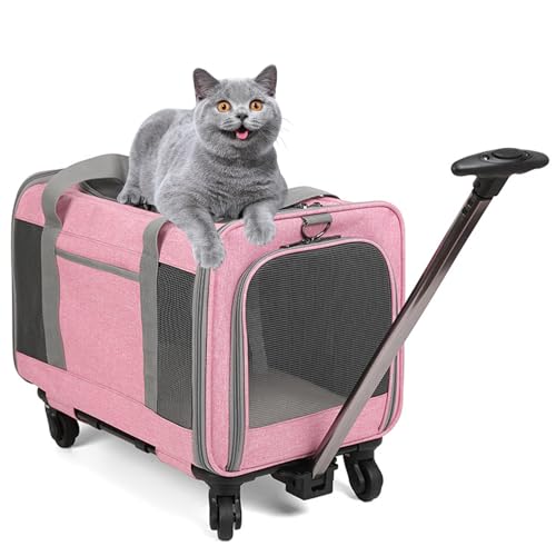 PJDDP Transportbox Für Tiere, Hundewagen Mit 4 Rädern, Haustier Trolley Für Kleine Und Mittelgroße Hunde Und Katzen Haustiere, Hundereisetasche Ideal Für Autoreisen Oder Ausflüge,Rosa von PJDDP