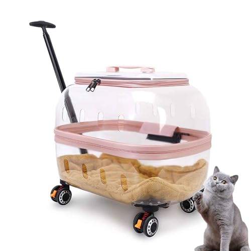 PJDDP Transportbox Katze Mit Teleskopstiel, Transportbox Katze Mit Rädern 360° Drehbar, Tragetasche Mit Rollen Für Hunde Und Katzen, Für Kleine Hunde Und Katzen,Transparent pink von PJDDP