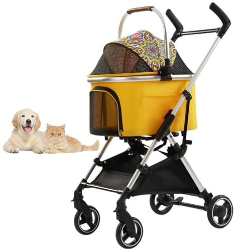 PJDDP Zusammenklappbare Hunde-Kinderwagen, 3 in 1 Hundekinderwagen Mit Abnehmbarem Gepäckträger 4 Räder Drehen Sich Um 360 Grad Mit Bremsen Tragbarer Katzen-Welpen-Jogging-Kinderwagen,Gelb von PJDDP