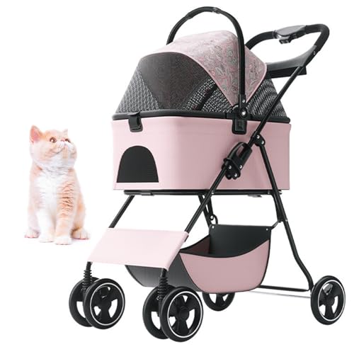 PJDDP Zusammenklappbarer Haustier-Jogger-Kinderwagen, Hundekinderwagen 4 Räder Mit Getränkehalter Leichtgewichtiger, Faltbarer, Tragbarer Reise-Kinderwagen Haustier-Kinderwagen 3-In-1,Rosa von PJDDP