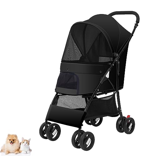 PJDDP Zusammenklappbarer Haustier-Kinderwagen, 4-Räder-Hundewagen für kleine/mittelgroße Hunde und Katzen mit Netzfenstern und Aufbewahrungskorb, Kinderwagen mit Tragegestell,Schwarz von PJDDP