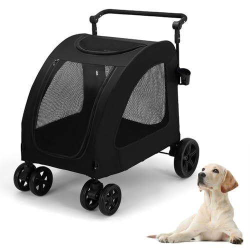 PJDDP Zusammenklappbarer Hundewagen Für Große Hunde, Hundewagen Mit 4 Rädern Hunde-Jogger-Wagen Travel Carrier Atmungsaktiv Tier Kinderwagen Leicht Zu Fuß in/Out Bis Zu 110 Lbs,Schwarz von PJDDP