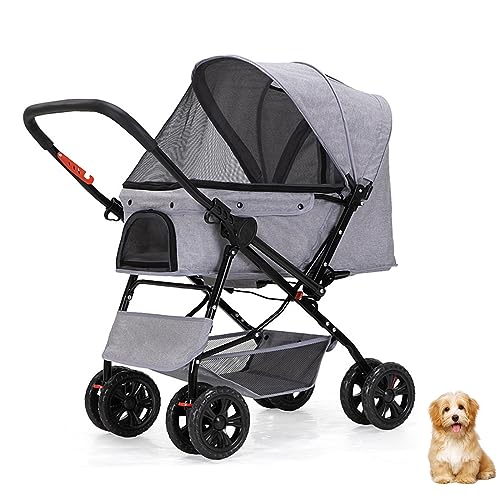 PJDDP Zwei-Wege-Haustier-Kinderwagen für kleine und mittelgroße Hunde, Jogger-Haustier-Kinderwagen, Hunde-/Katzen-Kinderwagen, Reisewagen mit großer Aufbewahrungstasche,Grau von PJDDP