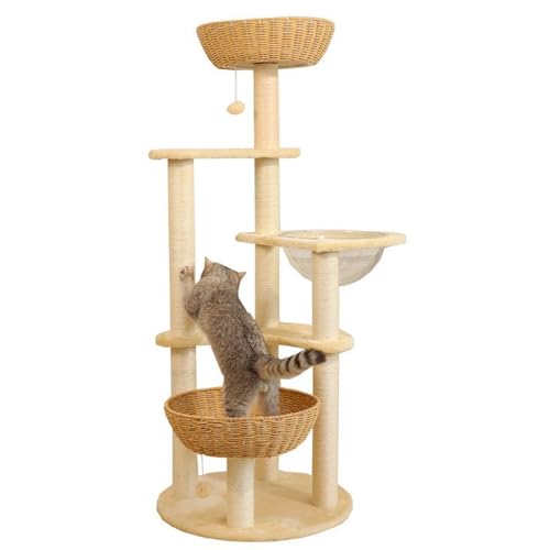 PJDDP Rattan-Kratzbaum Für Hauskatzen, Hoher Kratzbaumturm Mit Kratzbaum, Holz-Katzenturm Für Hauskatzen, 55,5 Zoll Hoch,Beige von PJDDP