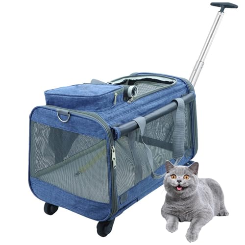 PJDDP Transportbox Katze Für Kleine Und Mittelgroße Hunde Und Katzen Haustiere Bis 9Kg, Reisetasche Mit Rollen & Teleskopgriff, Transportbox Für Kleintiere,Blau von PJDDP