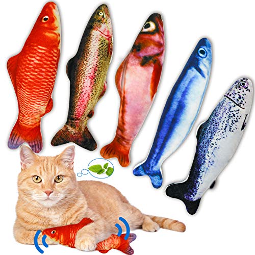 PJLJY Katzenminze-Spielzeug, Plüschfisch, Katzenspielzeug, Katzenspielzeug, Katzenminze, gefüllt, Cartoon-Fisch mit Glöckchen im Inneren, für interaktives Kätzchen-Kauspielzeug, Katzenspielzeug zum Zahnen von Katzen, 5 Stück von PJLJY