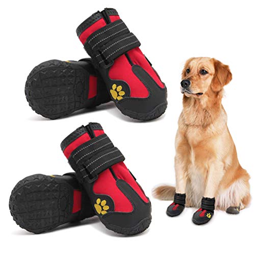 PK.ZTopia Hundestiefel, wasserdichte Hundestiefel, Hunde-Regenstiefel, Hunde-Stiefel mit reflektierender, robuster rutschfester Sohle und rutschfester Outdoor-Hundeschuhe für mittelgroße bis große Hunde (schwarz-rot, 4 Stück) von PK.ZTopia