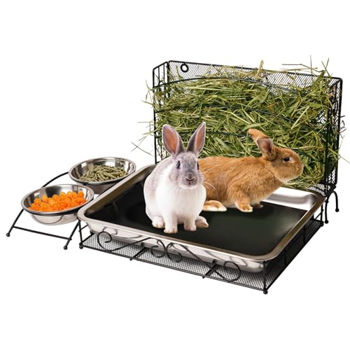 PKNYBZH 3 in 1 Kaninchen Heu Futterstation mit Katzentoilette und Schalen Meerschweinchen Heu Futterstation mit Metall Heuraufe Bunny Katzentoilette Edelstahl Kleintier Futternapf Schwarz von PKNYBZH