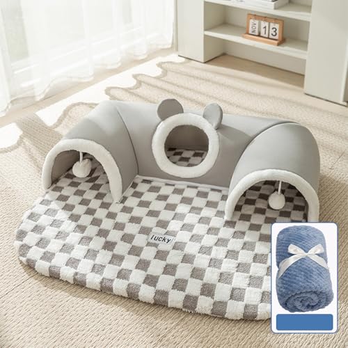 Katzenbett - Gemütliches Katzennest Bett & Schlafsack für Hauskatzen, Kätzchenbett mit Tunneldesign, Spiel- und Schlafbereich mit mehreren Eingängen, weicher Plüsch, (Grau+Boluoge-Decke, S (0,5-2,5 von PKRANZYHKAL