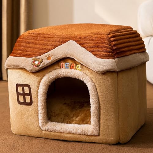 Katzenhaus für drinnen und draußen, gemütliches geschlossenes Haustiernest mit Decke, Katzenhaus und Hundebett mit Dach, (Braunbärenschloss, L: 49 x 39 x 46 cm(Pet Weight<10KG)) von PKRANZYHKAL