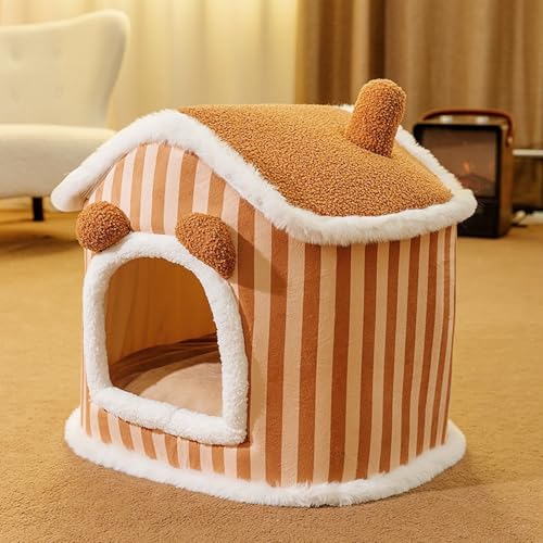 PKRANZYHKAL Katzenhaus für drinnen und draußen, gemütliches geschlossenes Haustiernest mit Decke, Katzenhaus und Hundebett mit Dach, (braune Villa, M: 44 x 35 x 38 cm(Pet Weight<6KG)) von PKRANZYHKAL