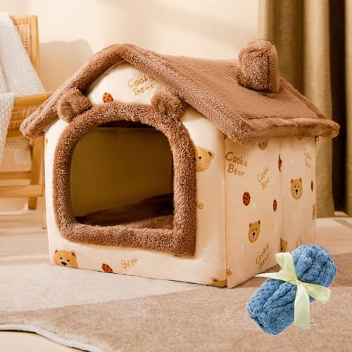 PKRANZYHKAL Katzenhaus für drinnen und draußen, gemütliches geschlossenes Haustiernest mit Decke, Katzenhaus und Hundebett mit Dach, (brauner Teddybär + Decke, L: 49 x 39 x 46 cm(Pet Weight<10KG)) von PKRANZYHKAL