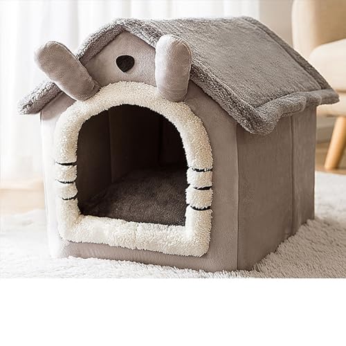 Katzenhaus für drinnen und draußen, gemütliches geschlossenes Haustiernest mit Decke, Katzenhaus und Hundebett mit Dach, weicher Plüsch, großer Platz, (graue Katze, L: 49 x 39 x 46 cm (Haustiergewicht von PKRANZYHKAL