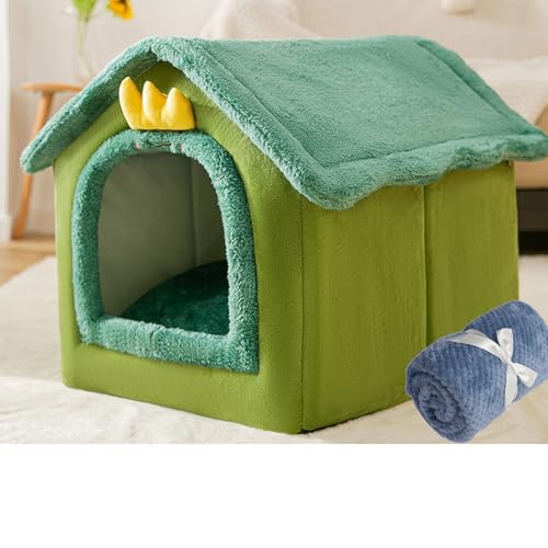 Katzenhaus für drinnen und draußen, gemütliches geschlossenes Haustiernest mit Decke, Katzenhaus und Hundebett mit Dach, weicher Plüsch, großer Platz, (grüner Dinosaurier + Decke, M: 44 x 35 x 38 cm von PKRANZYHKAL