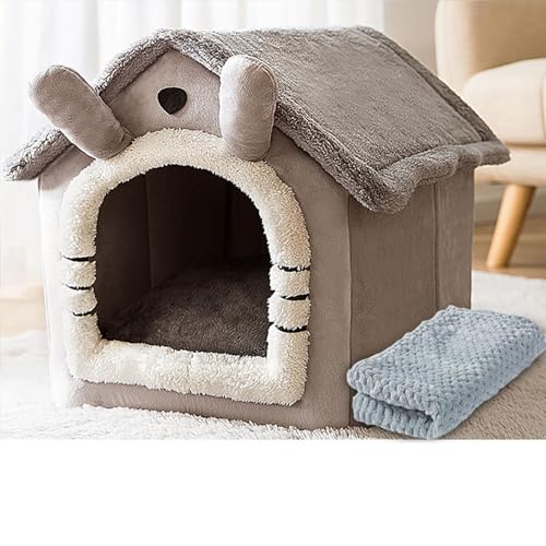 Katzenhaus für drinnen und draußen, gemütliches geschlossenes Haustiernest mit Decke, Katzenhaus und Hundebett mit Dach, (langohrige graue Katze + Decke, L: 49 x 39 x 46cm(Pet weight<10KG)) von PKRANZYHKAL