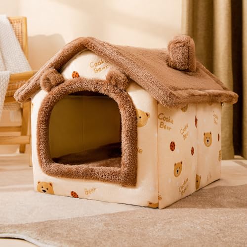 Katzenhaus für drinnen und draußen, gemütliches geschlossenes Haustiernest mit Decke, Katzenhaus und Hundebett mit Dach, Braunbär, M: 44 x 35 x 38 cm(Pet Weight<6KG) von PKRANZYHKAL