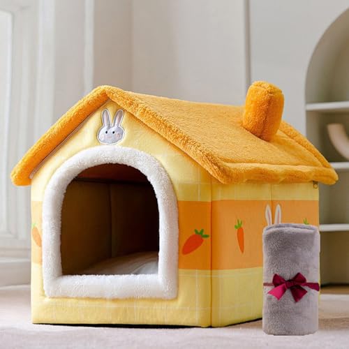 Katzenhaus für drinnen und draußen, gemütliches geschlossenes Haustiernest mit Decke, Katzenhütte und Hundebett mit Dach, weicher Plüsch, großer Platz, (Karotte Kaninchen + Decke, L: 49 x 39 x 46 cm von PKRANZYHKAL