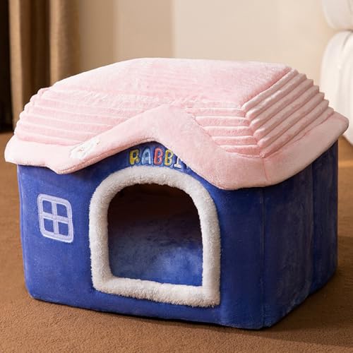 Katzenhaus für drinnen und draußen, gemütliches geschlossenes Haustiernest mit Decke, Katzenhütte und Hundebett mit Dach, weicher Plüsch, großer Platz, (blaues Kaninchenschloss, S: 40 x 32 x 32 cm von PKRANZYHKAL