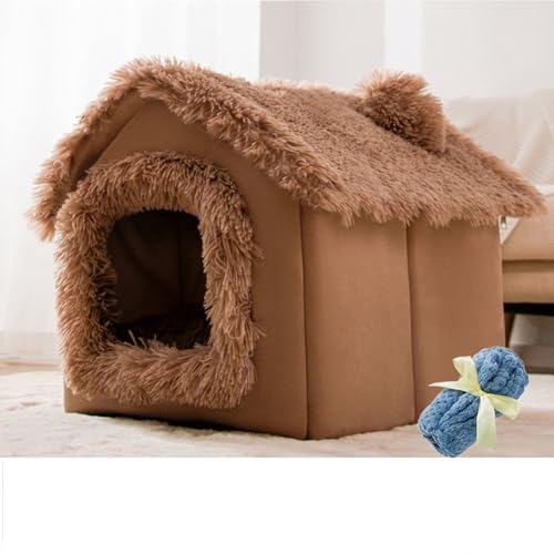 Katzenhaus für drinnen und draußen, gemütliches geschlossenes Haustiernest mit Decke, Katzenhütte und Hundebett mit Dach, (brauner Schneehaus + Decke, M: 44 x 35 x 38 cm(Pet Weight<6KG)) von PKRANZYHKAL