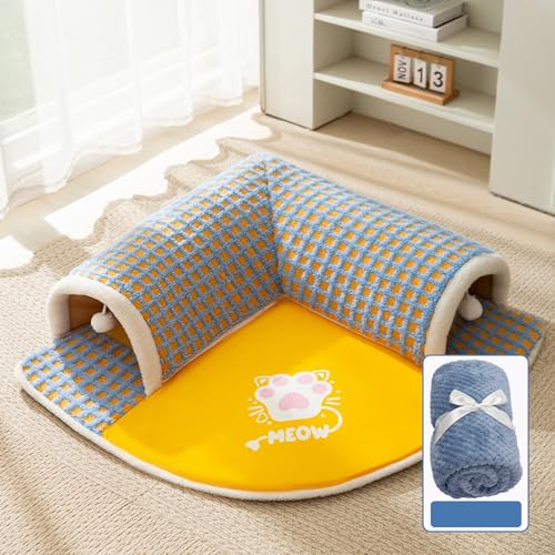 Katzenbett - Gemütliches Katzennest Bett & Schlafsack für Hauskatzen, Kätzchenbett mit Tunnel-Design, Spiel- und Schlafbereich mit mehreren Eingängen, Blau + Boluoge-Decke, M (5.5-13.2lb)) von PKRANZYHKAL