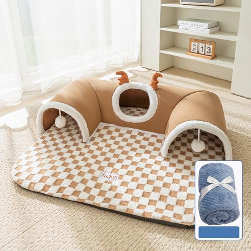 PKRANZYHKAL Katzenbett - Gemütliches Katzennest Bett & Schlafsack für Hauskatzen, Kätzchenbett mit Tunnel-Design, Spiel- und Schlafbereich mit Mehreren Eingängen, Braun+Blanket, M (5.5-13.2lb) von PKRANZYHKAL