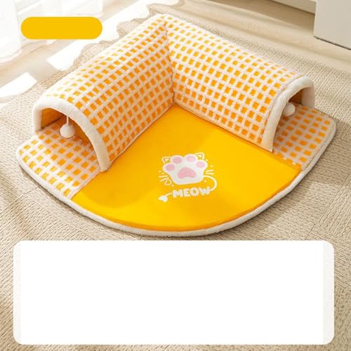 PKRANZYHKAL Katzenbett - Gemütliches Katzennest Bett & Schlafsack für Hauskatzen, Kätzchenbett mit Tunneldesign, Spiel- und Schlafbereich mit mehreren Eingängen, weicher Plüsch, Gelb, L (6-10 kg)) von PKRANZYHKAL