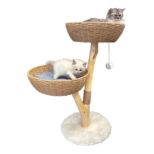 Katzenturm aus Holz - Rattan-Katzenbaum mit 2 Rattankörben, Kratzbaum und waschbaren Kissen - Ästhetische Katzenbäume - Boho Katzentürme für Indoor-Katzen von PLDOULY