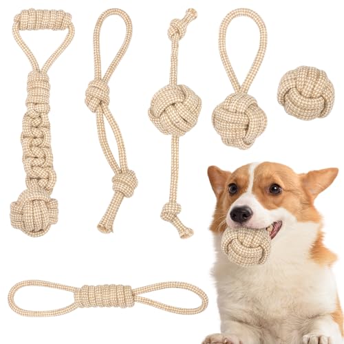 PLLYPE Hundespielzeug Kauspielzeug, 6 PCS Hunde Spielzeug, Hundespielzeug Hunde Set, Hergestellt aus Natürlicher Baumwolle Hunde, Hundespielzeug Seil mit Knoten Ball für Mittelgroße kleine Hunde von PLLYPE