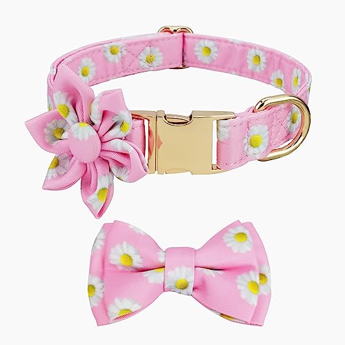 Sommer-Hundehalsband mit Fliege und Blumenmuster, rosa Gänseblümchen, bequem, verstellbar, Welpenhalsbänder mit sicherer Metallschnalle für kleine, mittelgroße und große Haustiere von PLOJOP