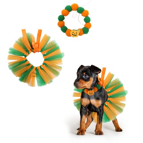 Halloween-Kostüm für Haustiere, Halskette und Tutu-Rock, Set mit Kürbis-Halskette für Haustiere, Hundebedarf, Spitzenrock, Kleid, Haustier-Tutu-Rock für Hunde, Katzen, Party-Dekoration von PLUSHCEWT