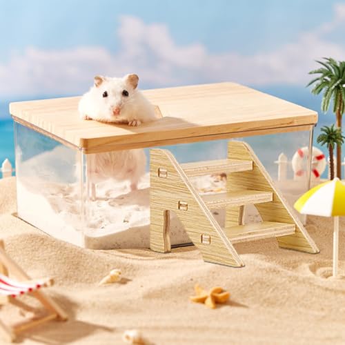 Hamster Sandbad,Hamster Sandbad Container,Transparentes Hamster Sandbad mit Holzdeckel,Hamster-Badewanne Box,für Syrischen Hamster Meerschweinchen Ratte Mäuse (Quadratische Badewanne + Leiter) von PLUSHCEWT