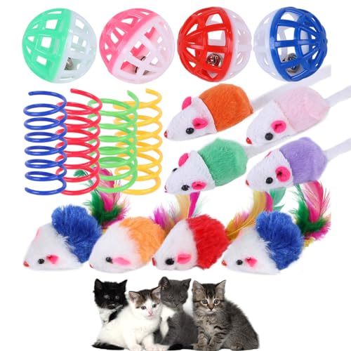 Katzen-Mäuse-Spielzeug, Katzen-Maus-Spielzeug für Indoor-Katzen, interaktives Katzenspielzeug, Ball mit Glocke, Katzen-Pom-Poms, Frühlingskatzenspielzeug, Kauen, Zahnreinigung, realistisches von PLUSHCEWT