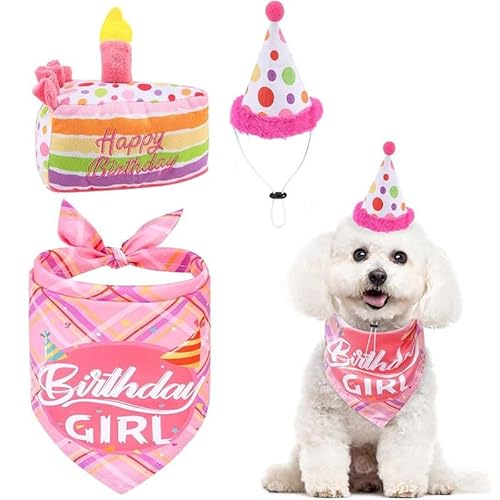 PLUSHCEWT 3pcs Hunde Geburtstag Hut Bandana Set Hund Geburtstag Party Set Haustiere Wiederverwendbare Bandanas Schal Hüte Plüsch Geburtstag Kuchen Puppe Geburtstag Set Niedliche Junge Mädchen (B) von PLUSHCEWT