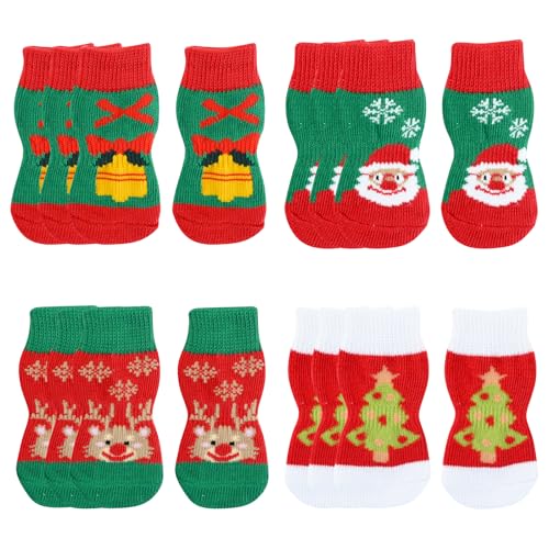 PLUSHCEWT 4 Paare Weihnachten Haustier Socken Haustier Pfotenschutz Hunde- und Katzensocken Rutschfest Winter-Socken Verhindert Leckkontrolle Weihnachtssocken für Klein, Mittel, Groß Haustier (Stil A) von PLUSHCEWT