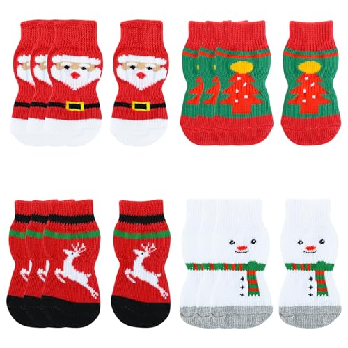 PLUSHCEWT 4 Paare Weihnachten Haustier Socken Haustier Pfotenschutz Hunde- und Katzensocken Rutschfest Winter-Socken Verhindert Leckkontrolle Weihnachtssocken für Klein, Mittel, Groß Haustier (Stil B) von PLUSHCEWT