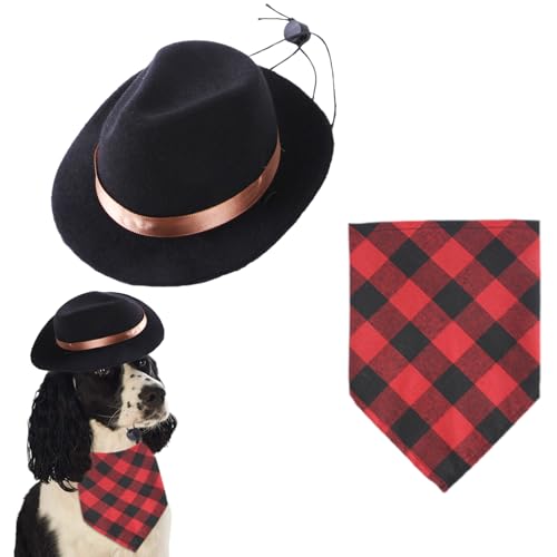 PLUSHCEWT Haustier Cowboy Kostüme Hund Cowboy Kostüme Cowboyhüte & Hundehalstuch Halloween-Kostüme Haustier Party Kostüme Haustier-Urlaubsrequisiten für Welpen Kätzchen Dekoration (Schwarz+Rot) von PLUSHCEWT