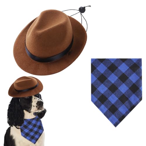 PLUSHCEWT Haustier Cowboy Kostüme Hund Cowboy Kostüme Cowboyhüte & Hundehalstuch Halloween-Kostüme Haustier Party Kostüme Haustier-Urlaubsrequisiten für Welpen Kätzchen Dekoration (Braun+Blau) von PLUSHCEWT