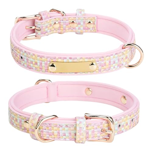 PLUSHCEWT Hundehalsband aus Leder Verstellbares Gepolstertes Hundehalsbandr Wasserdichtes Welpenhalsband für Kleine Mittelgroße Hunde Klassisches Design 14"-18" (Rosa) von PLUSHCEWT