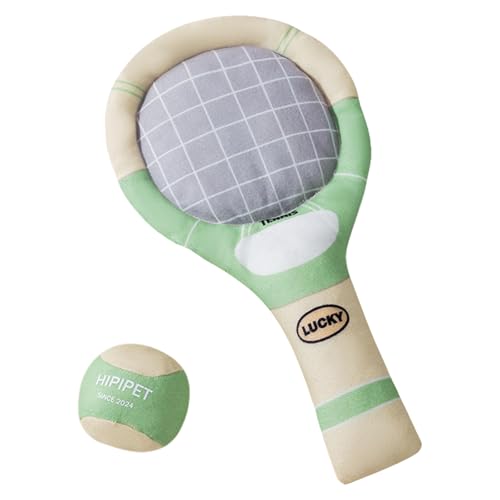 PLUSHCEWT Hundespielzeug aus Plüsch mit Tennis- und Schläger-Set, interaktives Hundespielzeug, kreatives quietschendes Hundespielzeug, Rasselpapier und Hörner, doppelter Spaß, langlebiges Kauspielzeug von PLUSHCEWT