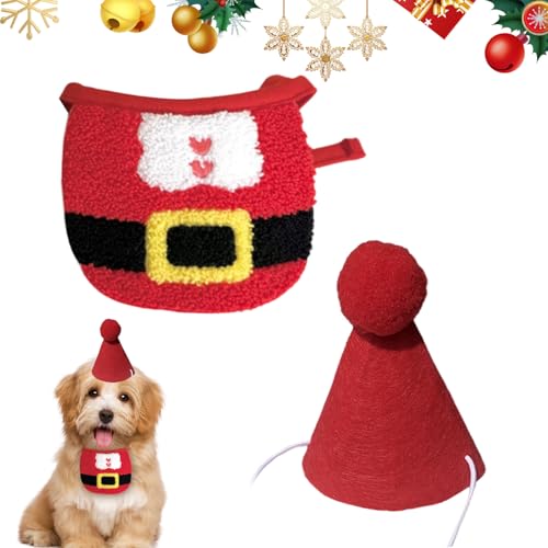 PLUSHCEWT Weihnachtsoutfit Set für Haustiere Santa Claus Lätzchen mit Verstellbarer Weihnachtsmütze Weihnachtskostüm für kleine Hunde Katzen Welpen Kätzchen Weihnachtsparty Mode-Cosplay Zubehör von PLUSHCEWT