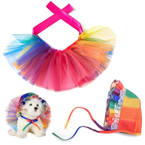 Regenbogen Party Haustier Hundekostüm Set,Haustier Hund Regenbogen Farbe Party Gaze Kleid LGBT Homosexuell Stolz Hund Bandana,Hund Mesh Tutu Rock für kleine, mittelgroße Katzen und Hunde von PLUSHCEWT