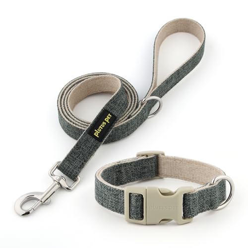 Plutus Pet Hundehalsband und Leine aus Baumwollhanf, verstellbares Halsband für kleine, mittelgroße und große Hunde, strapazierfähig und weich auf der Haut, Grau, Größe M von PLUTUS PET