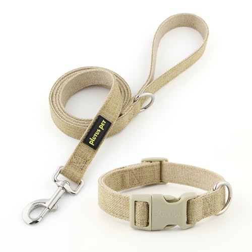 Plutus Pet Hundehalsband und Leine aus Baumwollhanf, verstellbares Halsband für kleine, mittelgroße und große Hunde, strapazierfähig und weich auf der Haut, Khaki, Größe S von PLUTUS PET